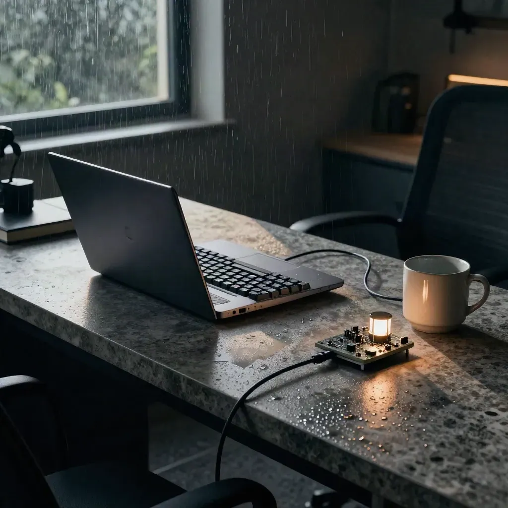 Rain-soaked coding studio with laptop, split keyboard, glowing prototype light module on stone.