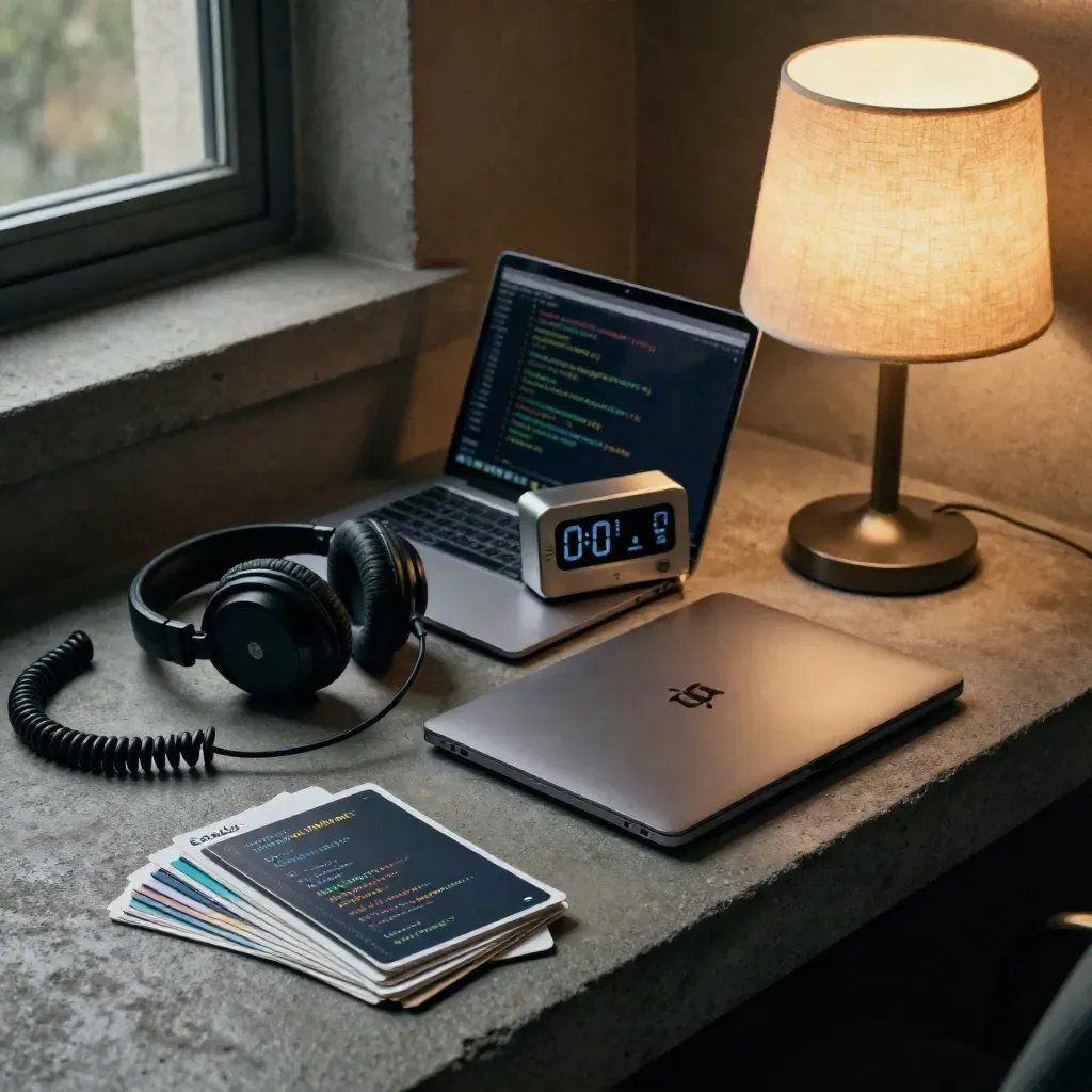 Headset, closed laptop, timer and code review cards in a moody coding coaching nook