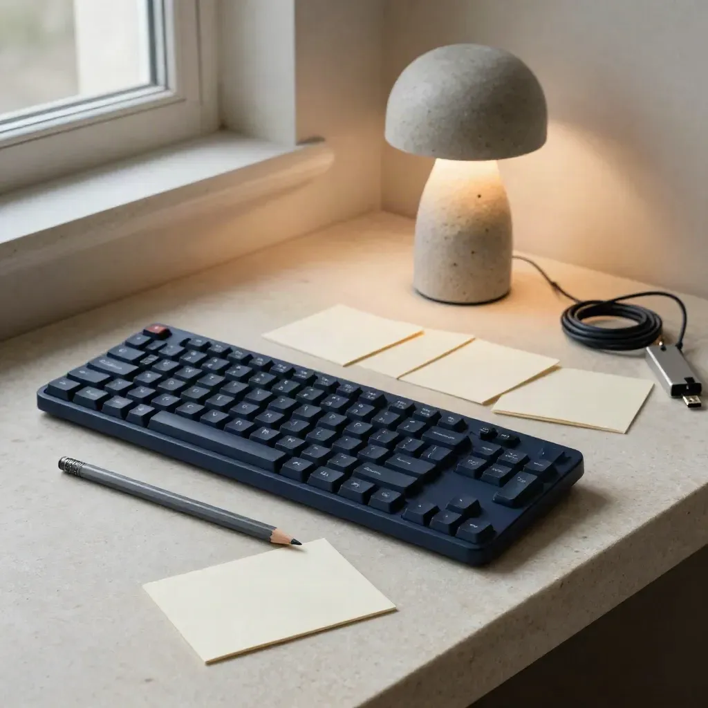 Coding practice nook with a navy keyboard, blank cards, pencil, and glowing lamp on pale stone.