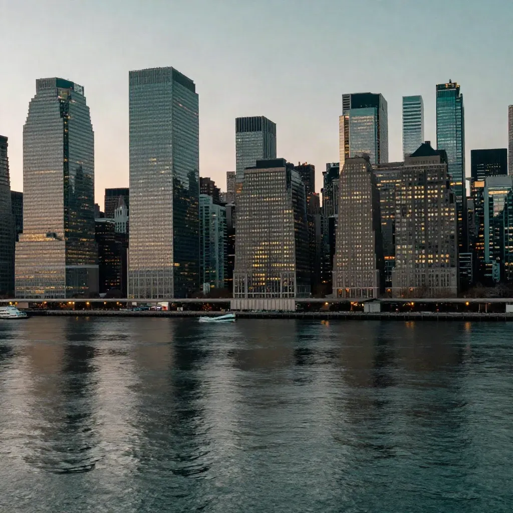 Manhattan skyline at blue hour across calm river water with shimmering windows and soft haze.