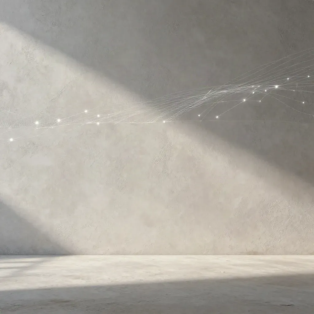 Pale plaster wall with glowing network lines and calm copy space.